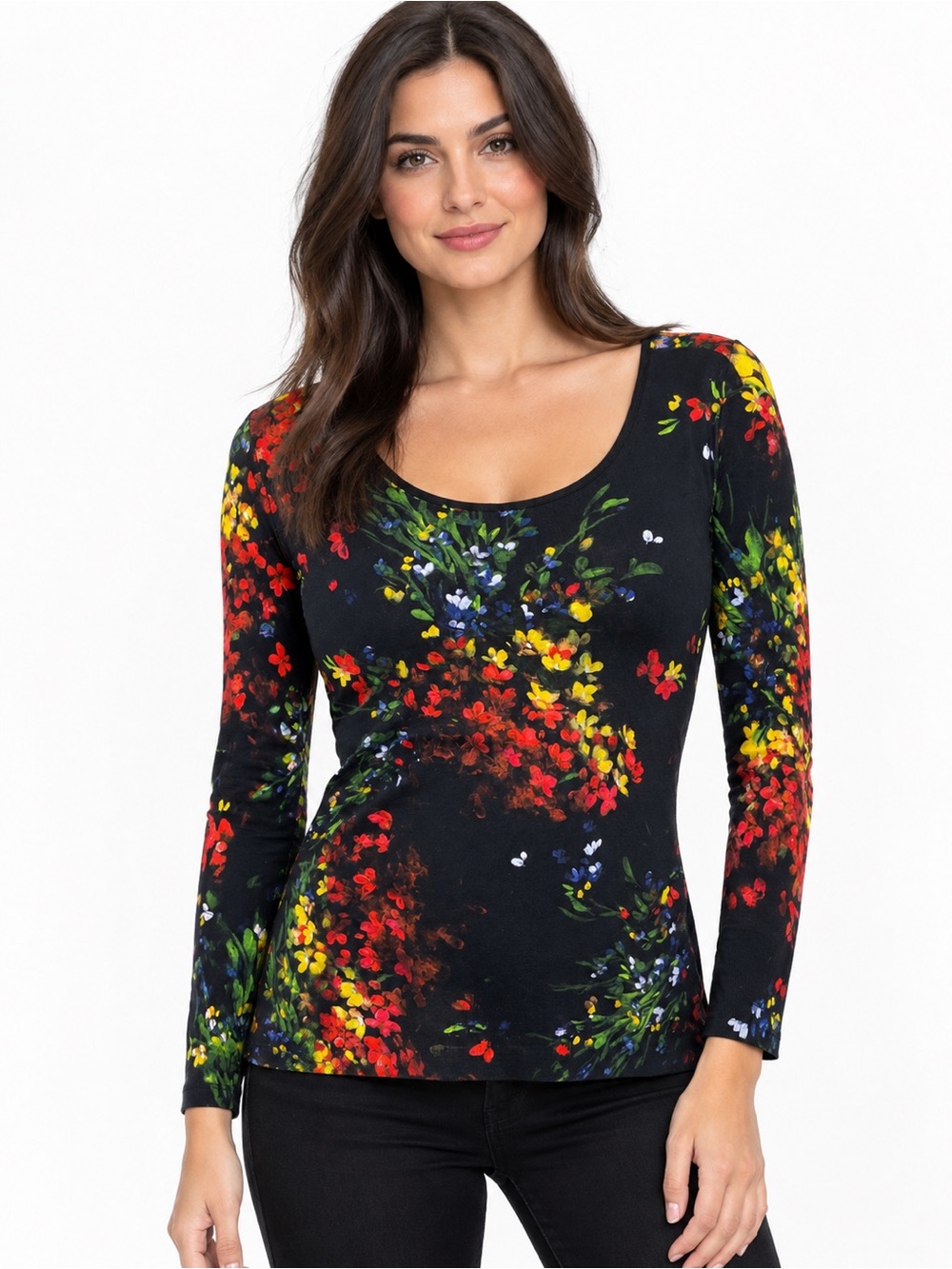 Escada  Black Floral Scoop Neck Top with Red and Yellow Blooms size m